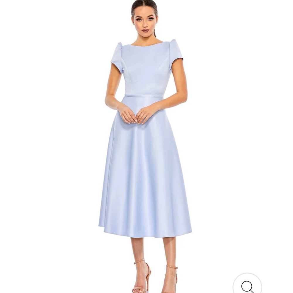 Mac Duggal SATIN PUFF SHOULDER TEA LENGTH DRESS